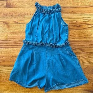 Habitual ruffle denim sleeveless jumper. Zipper back with side pockets.